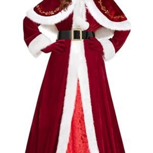4 Pieces Mrs Claus Costume for Women, Adult Santa Costumes Claus Dress Christmas Outfit with Hooded Cape Gloves Belt
