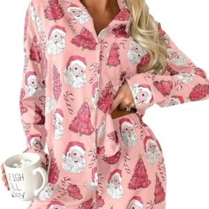 Ecosunny Christmas Santa Pajama Set Women's Long Sleeve Sleepwear Soft Loungewear Two Piece Button Down Pjs Lounge Set