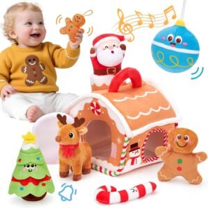 hahaland Baby Christmas Toy for 6 + 12 18 Months – Musical & Sensory Plush Christmas Toys Set with Gingerbread House, Santa, Reindeer, Gingerbread, Rattles & More - 7-Piece