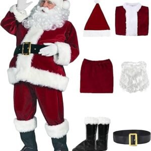 Santa Claus Costume for Men 9pcs Deluxe Velvet Santa Suit Adults Christmas Santa Outfit with Beard Belt Santa Costume