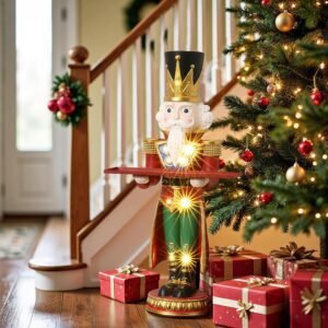 LuxenHome 3FT Tall Nutcracker Christmas Decoration, Large Holiday Nutcracker Soldier Statue with Service Tray, Lighted Figures Christmas Decorations Indoor, Outdoor Festival Display, Red and Green