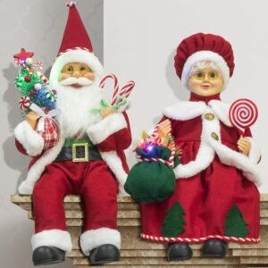 ITART Sitting Mr and Mrs Claus Figurines with Lights and Timer 17-Inch Santa Couple Christmas Decorations Battery Operated